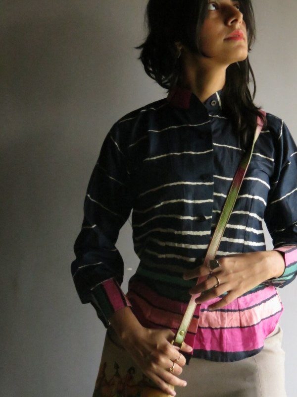 Dark Blue Striped Buttoned Shirt