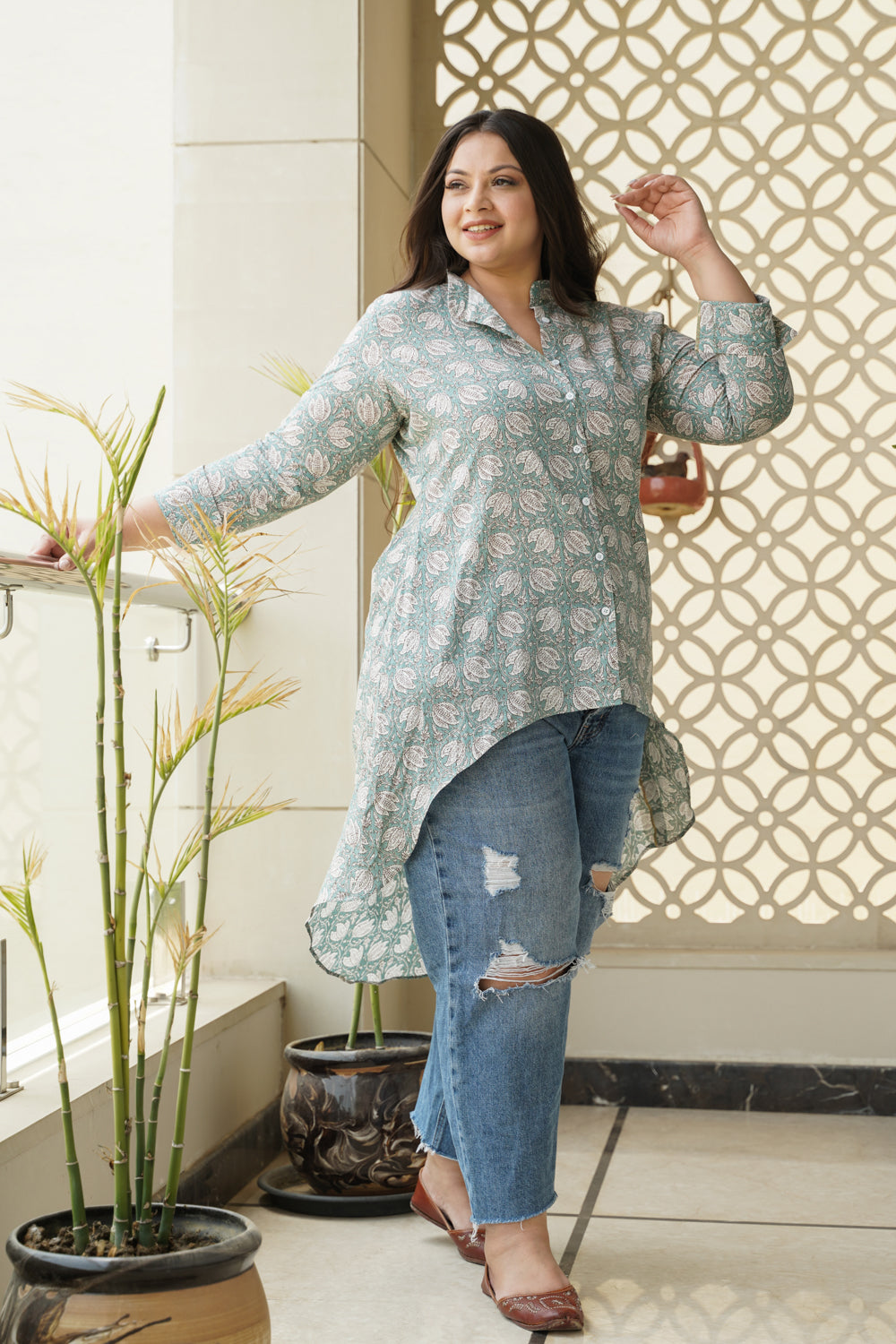 Mint Floral Cotton Printed Hilo Shirt