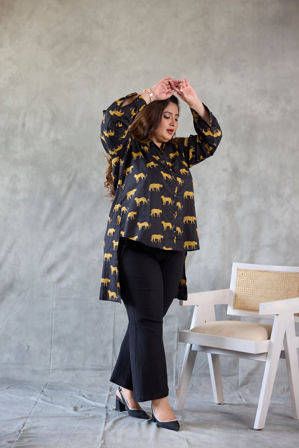 Cheetah Print Cotton Black Hi-Lo Shirt