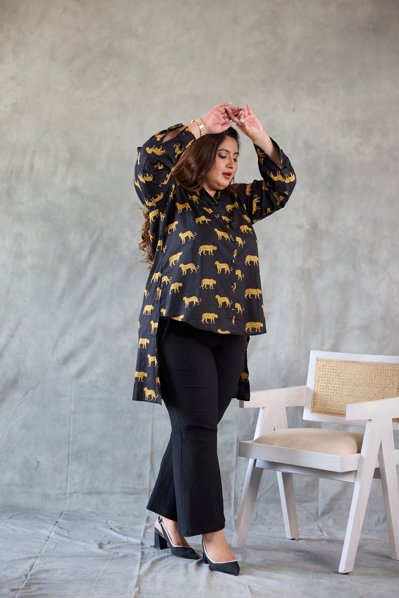 Cheetah Print Cotton Black Hi-Lo Shirt