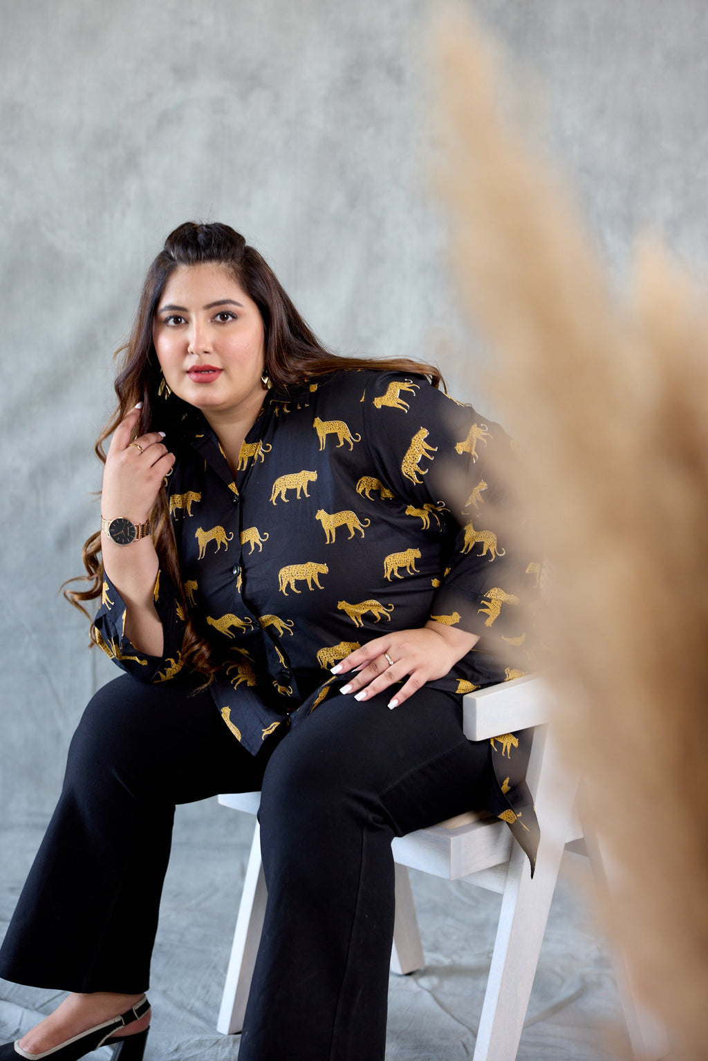 Cheetah Print Cotton Black Hi-Lo Shirt