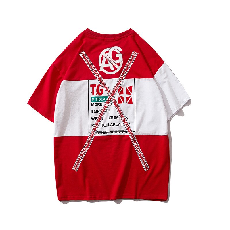 Letter Ribbons Sticker Hip Pop T-shirt for Men Patchwork Tops & Tees Casual T Shirt Streetwear Dance Hit Color Tshirt Print