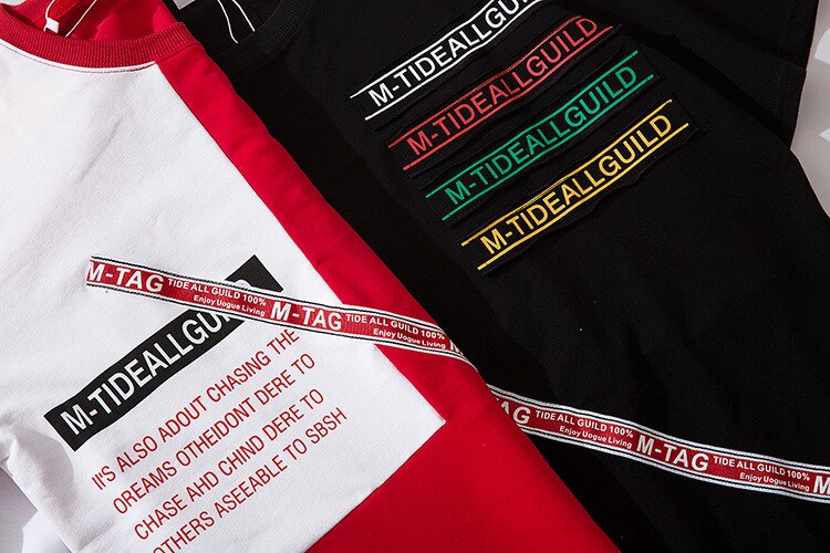 Letter Ribbons Sticker Hip Pop T-shirt for Men Patchwork Tops & Tees Casual T Shirt Streetwear Dance Hit Color Tshirt Print