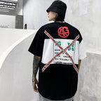 Letter Ribbons Sticker Hip Pop T-shirt for Men Patchwork Tops & Tees Casual T Shirt Streetwear Dance Hit Color Tshirt Print