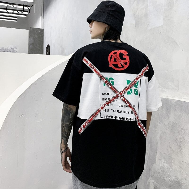 Letter Ribbons Sticker Hip Pop T-shirt for Men Patchwork Tops & Tees Casual T Shirt Streetwear Dance Hit Color Tshirt Print