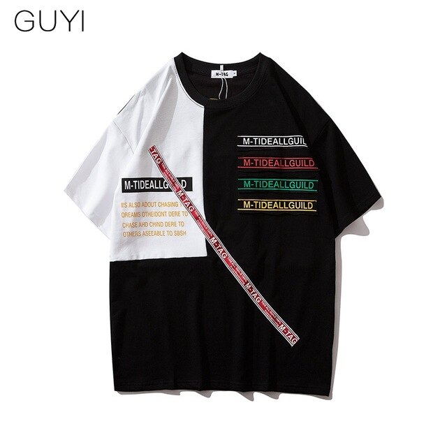 Letter Ribbons Sticker Hip Pop T-shirt for Men Patchwork Tops & Tees Casual T Shirt Streetwear Dance Hit Color Tshirt Print