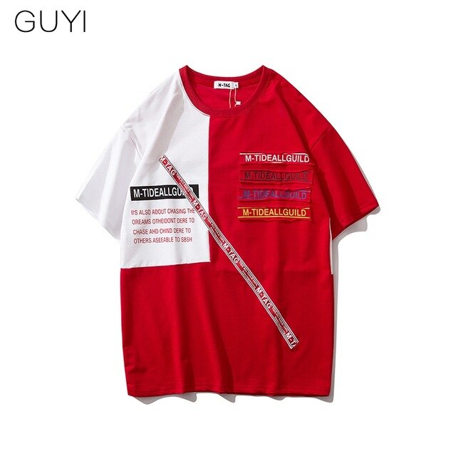 Letter Ribbons Sticker Hip Pop T-shirt for Men Patchwork Tops & Tees Casual T Shirt Streetwear Dance Hit Color Tshirt Print